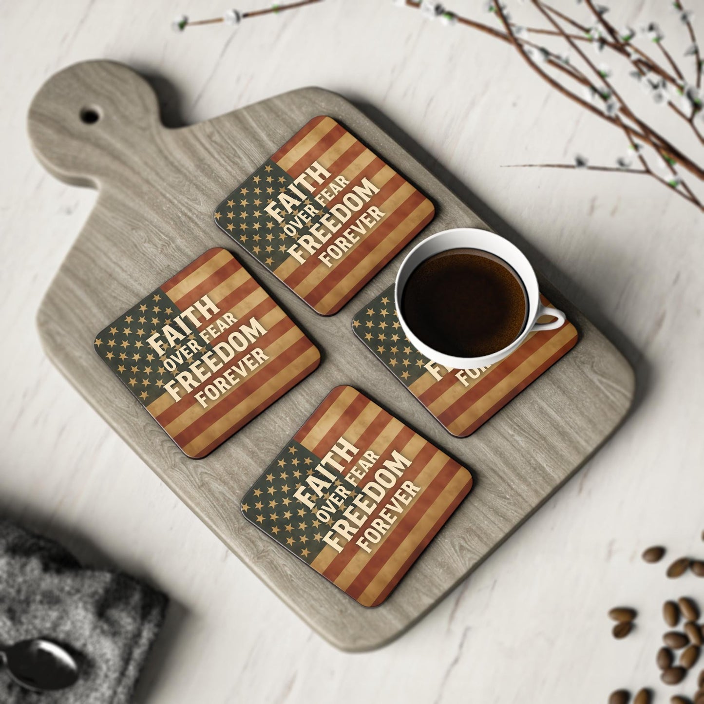 Patriotic Coasters: Inspirational Quotes, Cork Base, USA Theme