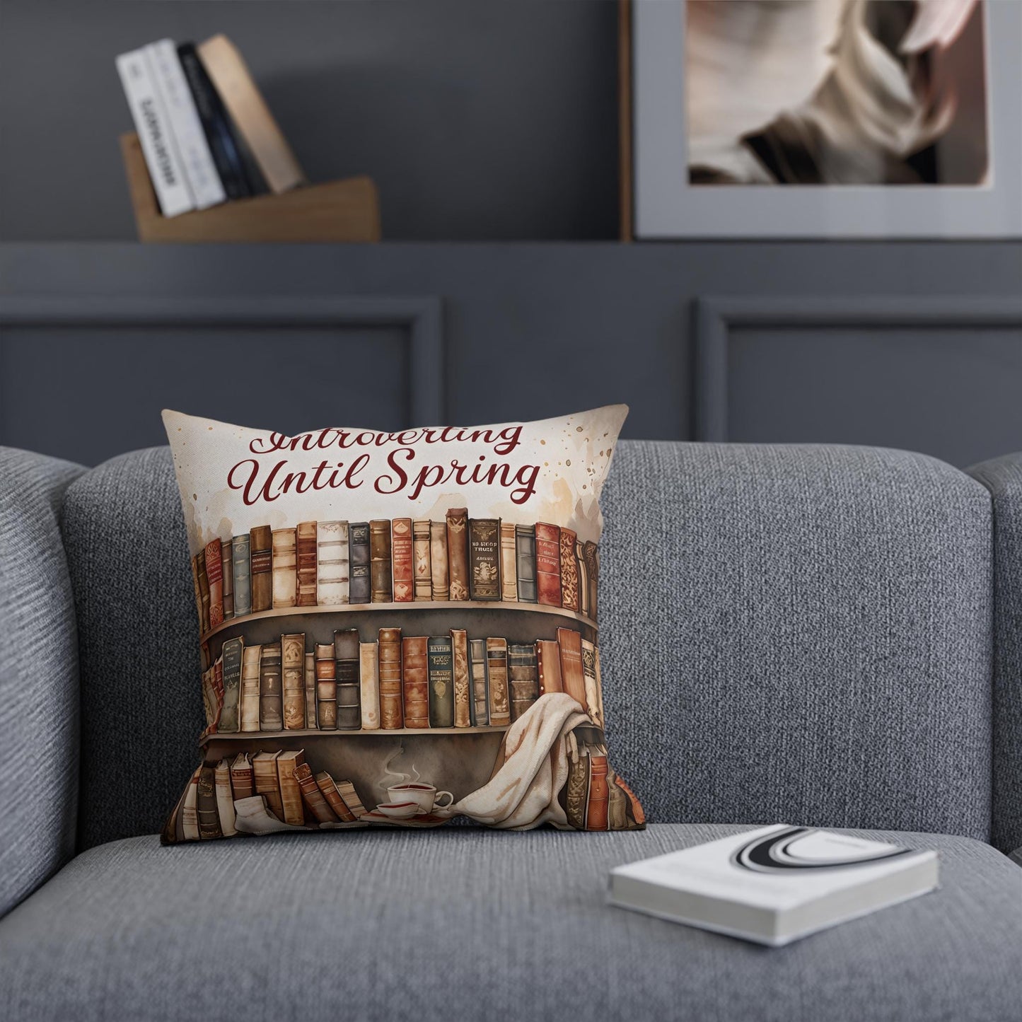 Cozy Cotton Reading Cushion: "Introverting Until Spring" Throw Pillow