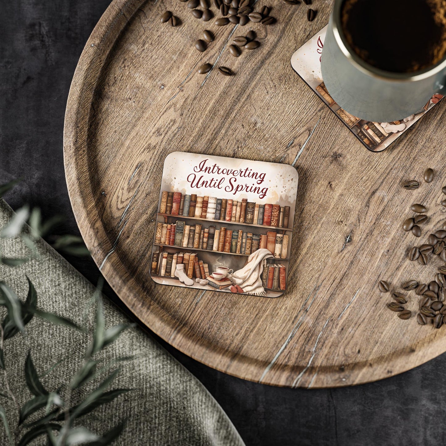 Book Lover Coasters: 'Introverting Until Spring' - Cozy Home Decor