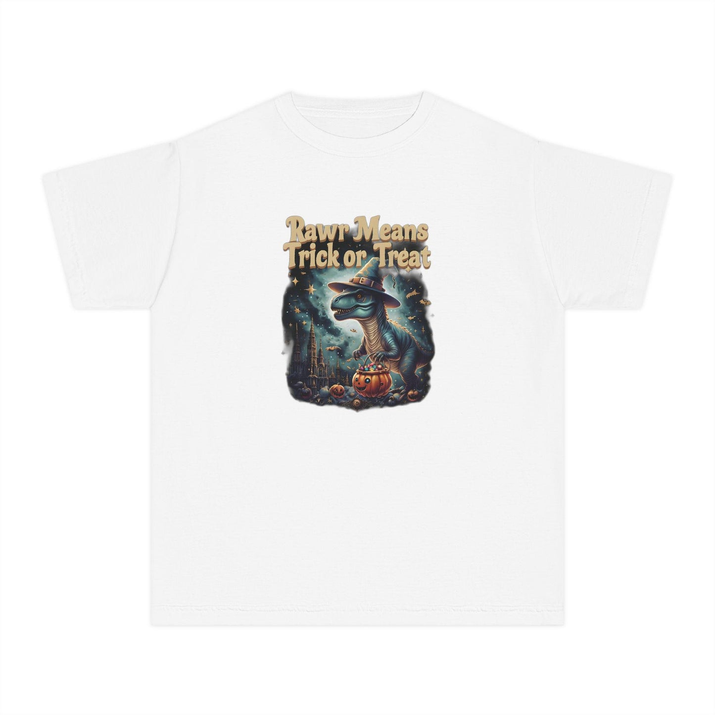 Halloween Dinosaur Youth Tee: "Rawr Means Trick or Treat"