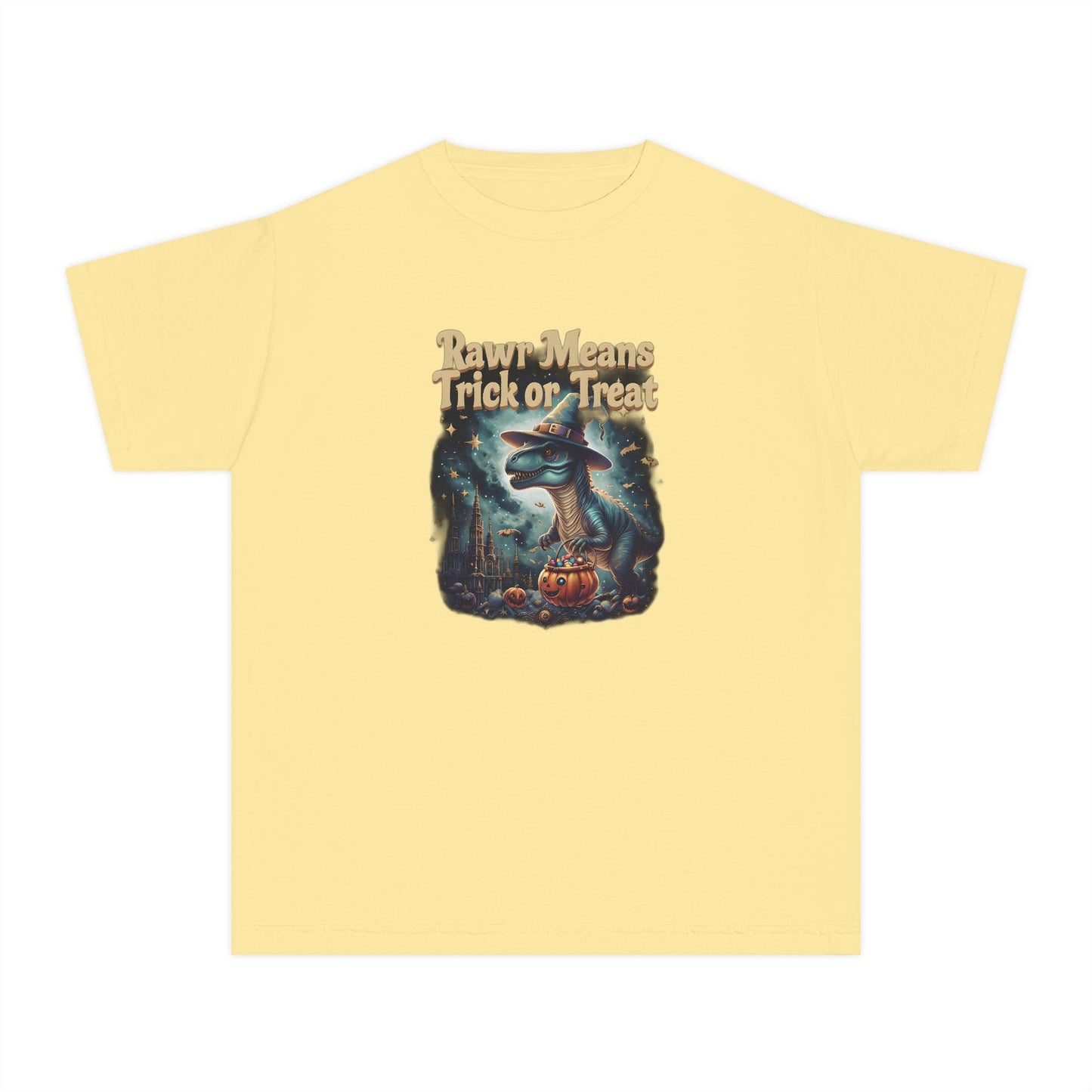 Halloween Dinosaur Youth Tee: "Rawr Means Trick or Treat"
