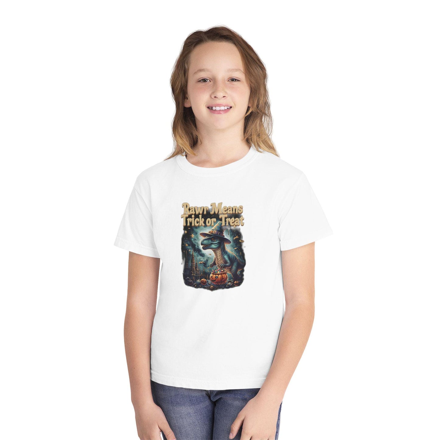 Halloween Dinosaur Youth Tee: "Rawr Means Trick or Treat"