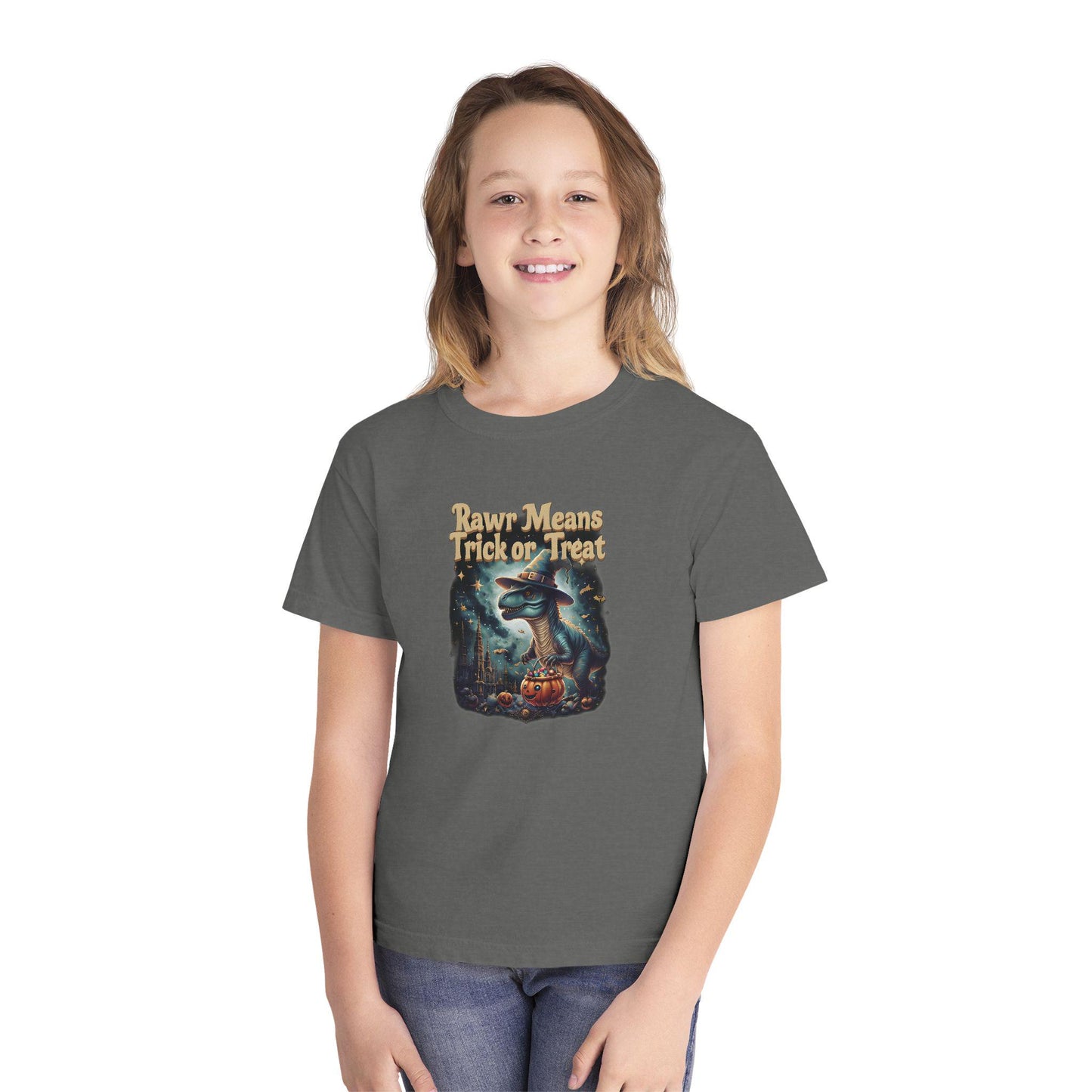 Halloween Dinosaur Youth Tee: "Rawr Means Trick or Treat"
