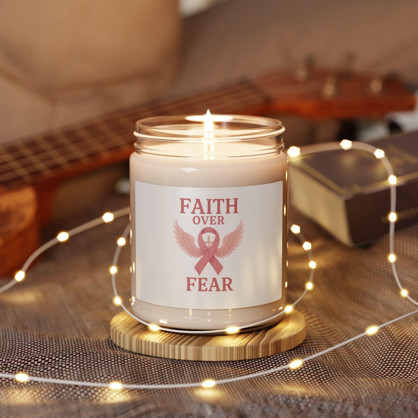 Faith Over Fear Scented Candle for Healing & Hope | 9oz Aromatherapy Gift | Inspirational Home Decor, Self-Care, Cancer Awareness