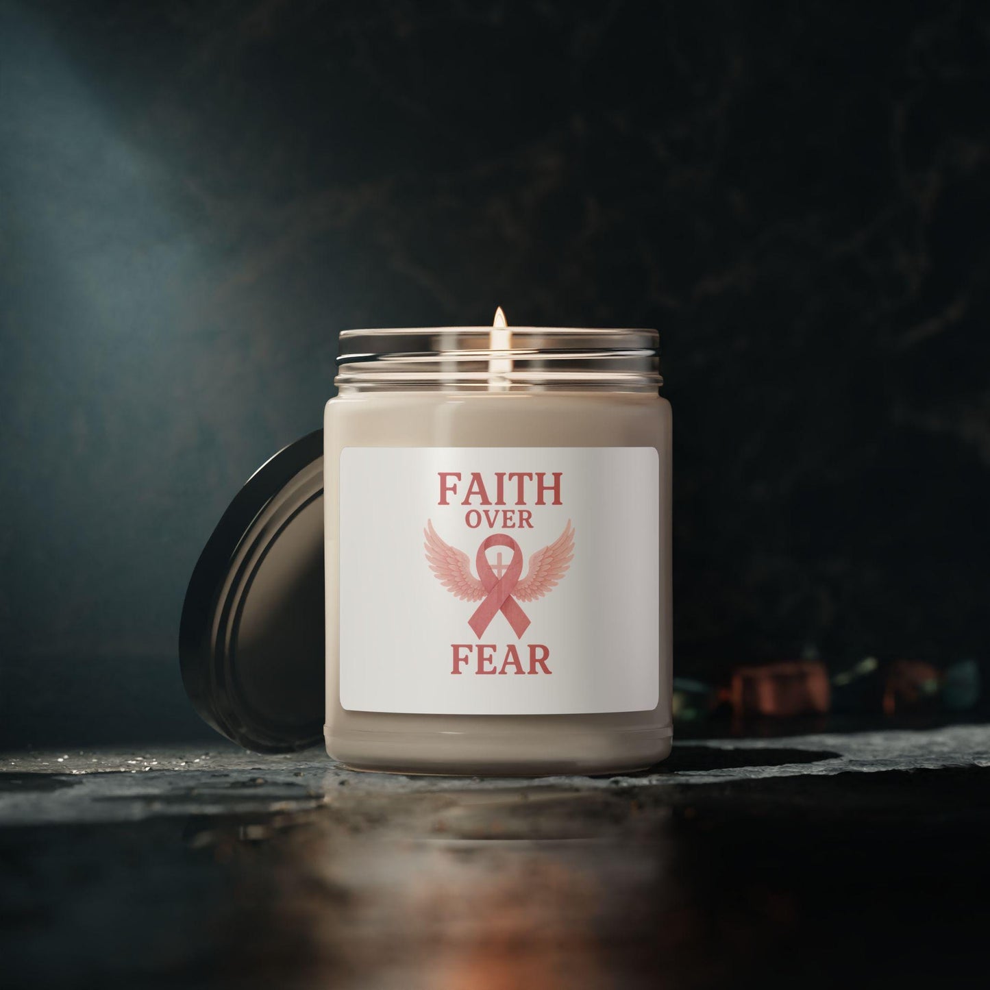 Faith Over Fear Scented Candle for Healing & Hope | 9oz Aromatherapy Gift | Inspirational Home Decor, Self-Care, Cancer Awareness