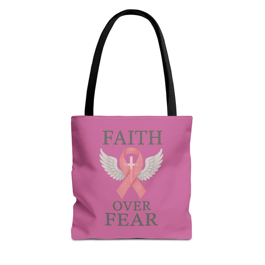 Faith Over Fear Tote Bag - Inspirational, Pink Ribbon, Breast Cancer Awareness, Motivational Gift, Everyday Use