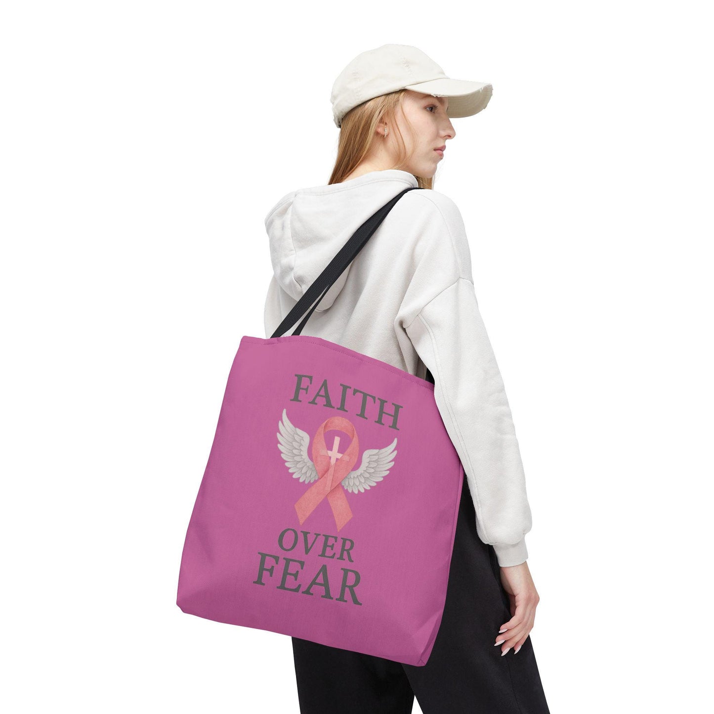 Faith Over Fear Tote Bag - Inspirational, Pink Ribbon, Breast Cancer Awareness, Motivational Gift, Everyday Use