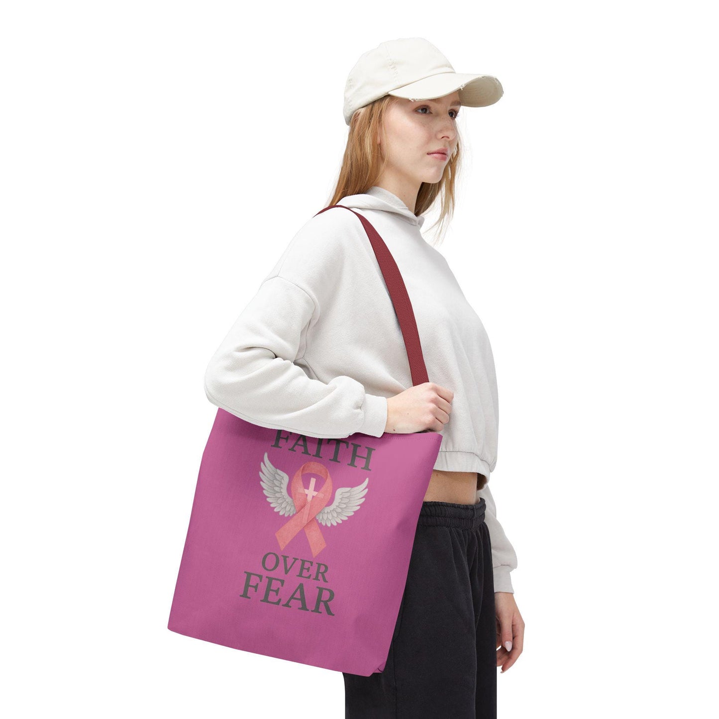 Faith Over Fear Tote Bag - Inspirational, Pink Ribbon, Breast Cancer Awareness, Motivational Gift, Everyday Use