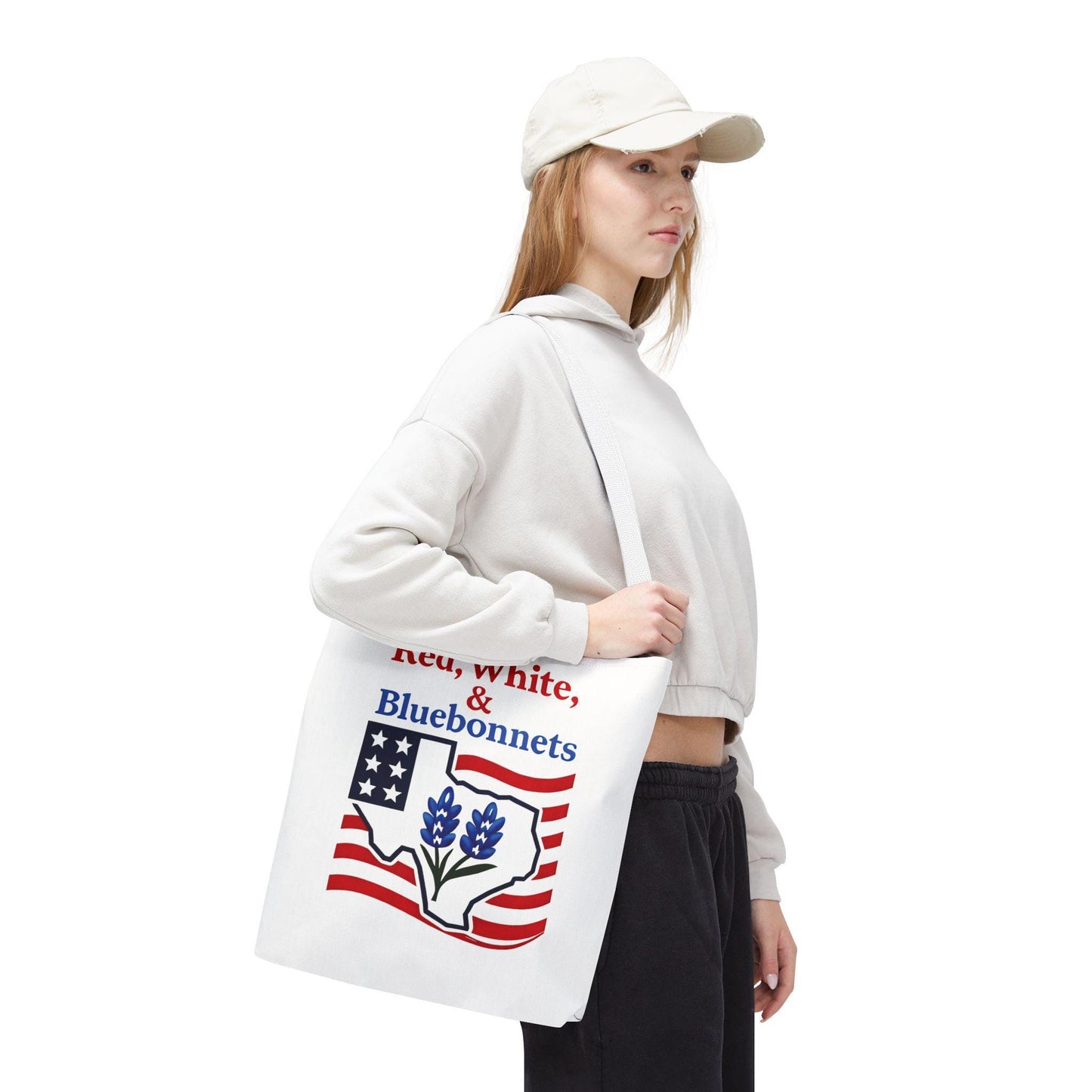 Texas Patriot Tote Bag, Red White and Bluebonnets, Independence Day Accessory, Summer Travel Bag, Gift for Texans, Stylish Grocery Tote