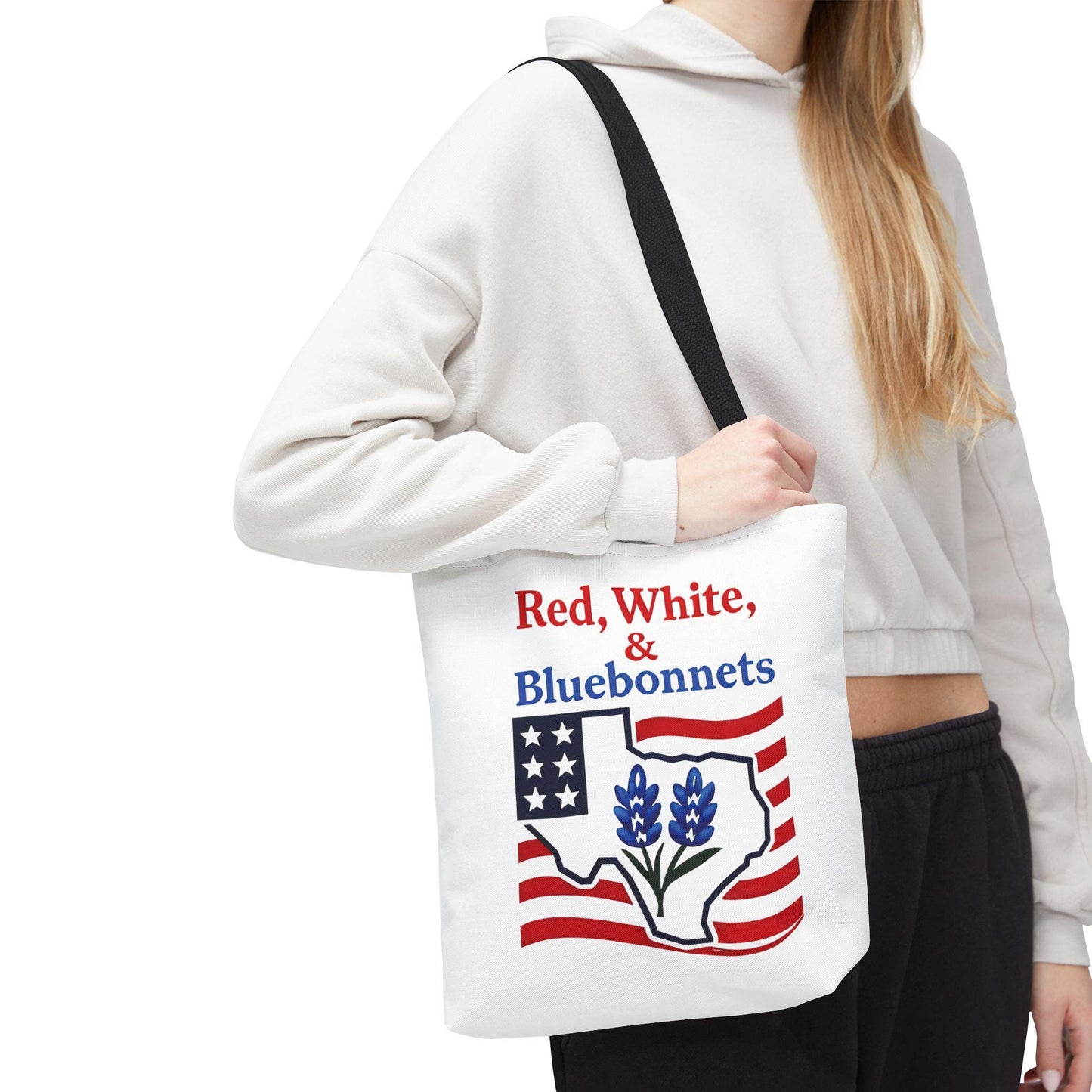 Texas Patriot Tote Bag, Red White and Bluebonnets, Independence Day Accessory, Summer Travel Bag, Gift for Texans, Stylish Grocery Tote