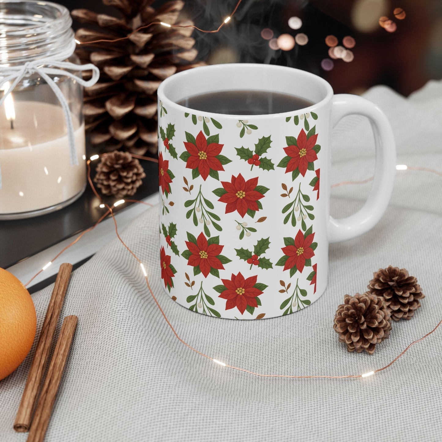 Festive Poinsettia Ceramic Mug | Holiday Coffee Cup, Christmas Gift, Flower Mug, Seasonal Drinkware, Winter Decor
