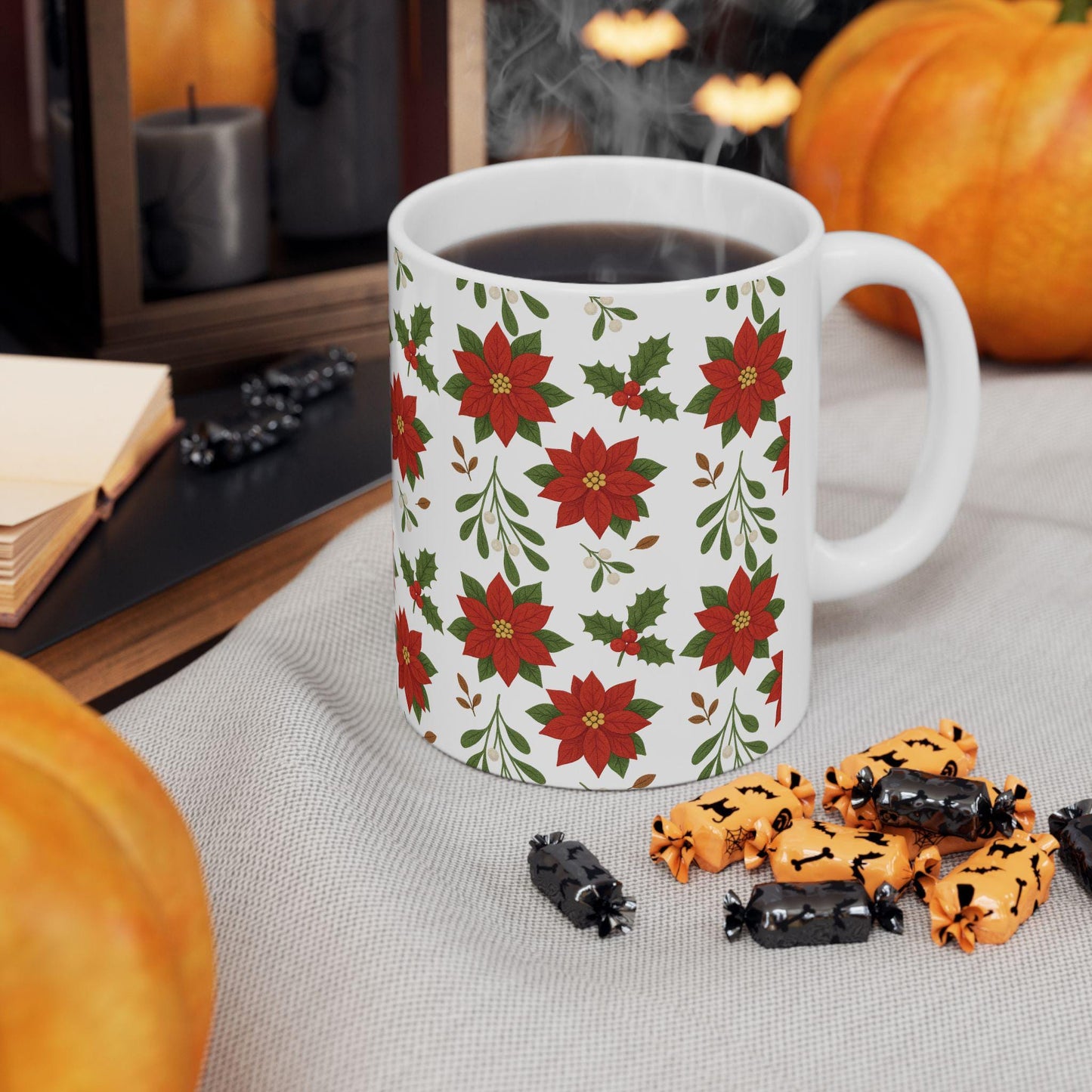 Festive Poinsettia Ceramic Mug | Holiday Coffee Cup, Christmas Gift, Flower Mug, Seasonal Drinkware, Winter Decor