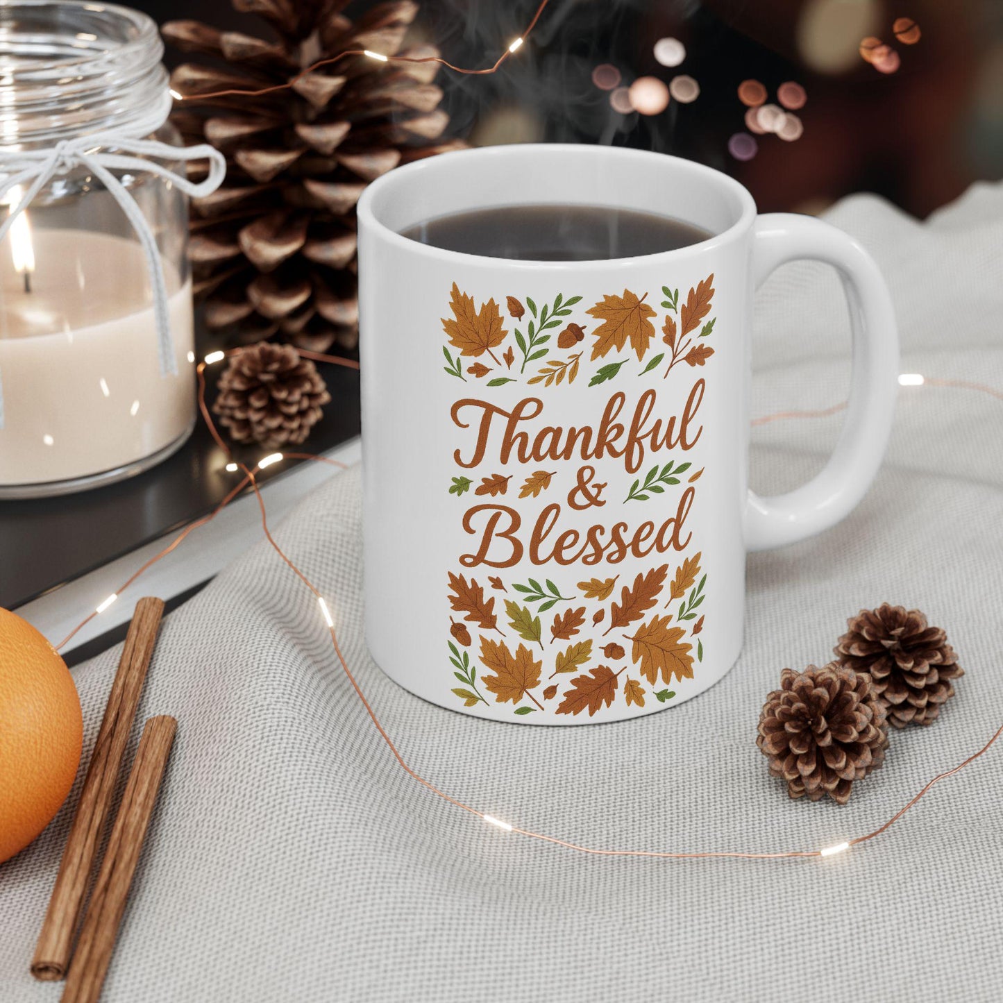 Thankful & Blessed Ceramic Mug | Fall Decor Gift for Coffee Lovers | Autumn Harvest, Thanksgiving, Hot Cocoa, Tea, Holiday Gift