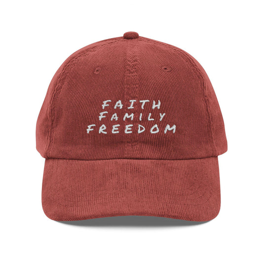 Vintage Embroidered Corduroy Cap - Faith Family Freedom, Stylish Hat, Casual Wear, Gift for Dad, Outdoor Adventures, Trendy Accessory