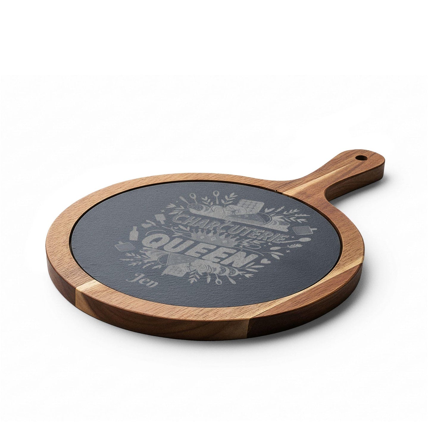 Charcuterie Queen engraved Board | Acacia wood cheese board with slate inset