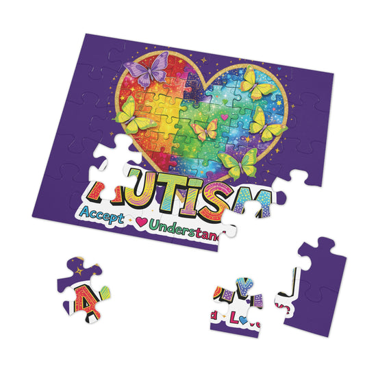 Autism Accept Understand Love Jigsaw Puzzle with Tin | Rainbow Heart Butterflies
