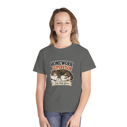 Homework Supervisor Cat Youth Tee | "Zero Help Given" retro kitten design
