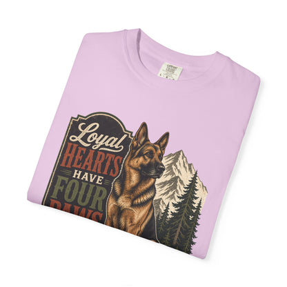 Loyal Hearts Have Four Paws German Shepherd T-shirt | Mountain Forest Dog Design