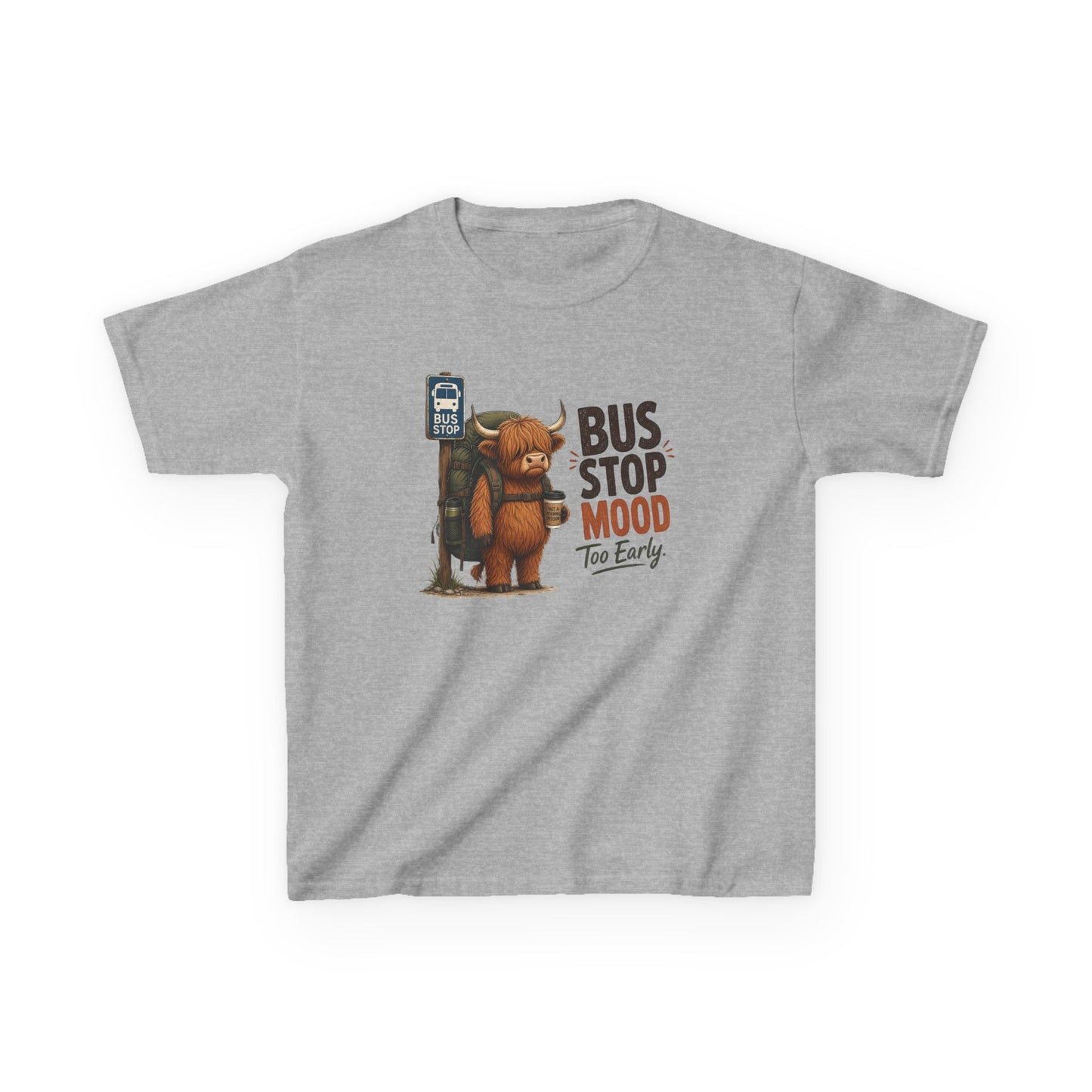 Bus Stop Mood Kids Tee | Grumpy Highland Cow Illustration, Funny Morning Shirt