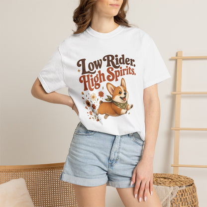 Low Rider High Spirits Corgi T-Shirt | Running Corgi Illustration, Autumn Leaves