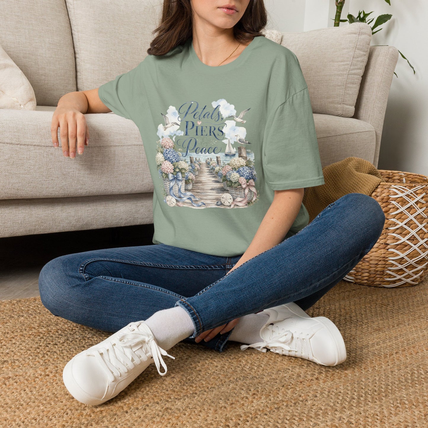 Petals Piers Peace T-Shirt | Coastal Lighthouse Floral Seagulls Design