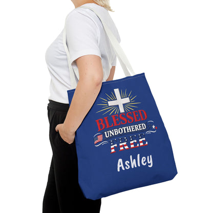 Blessed Unbothered Free Cross tote bag | patriotic faith design