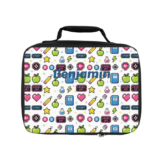 Pixel Arcade Game Icons Lunch Bag | Personalized Name Option