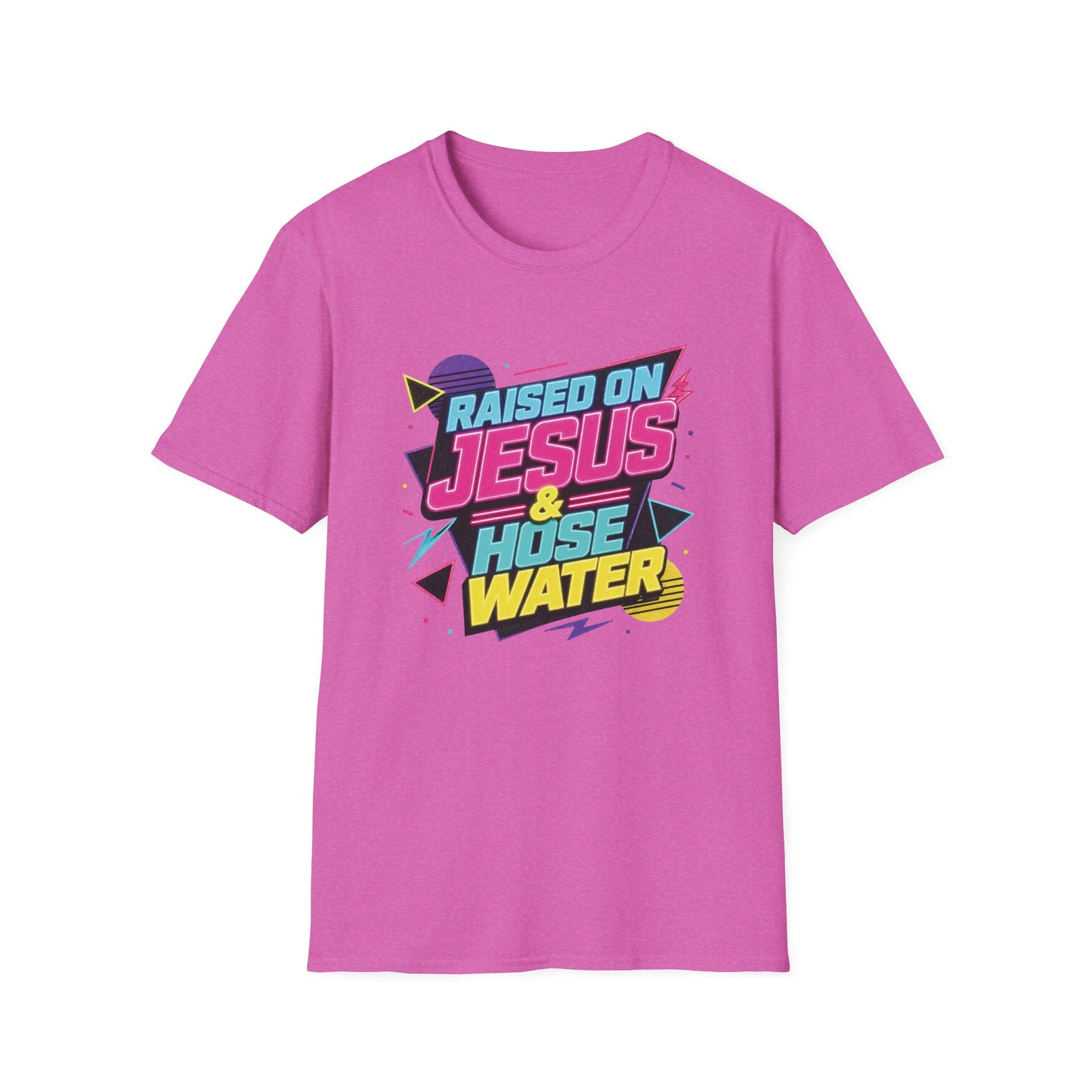 Raised on Jesus & Hose Water T-Shirt | Retro Neon Christian Faith Graphic