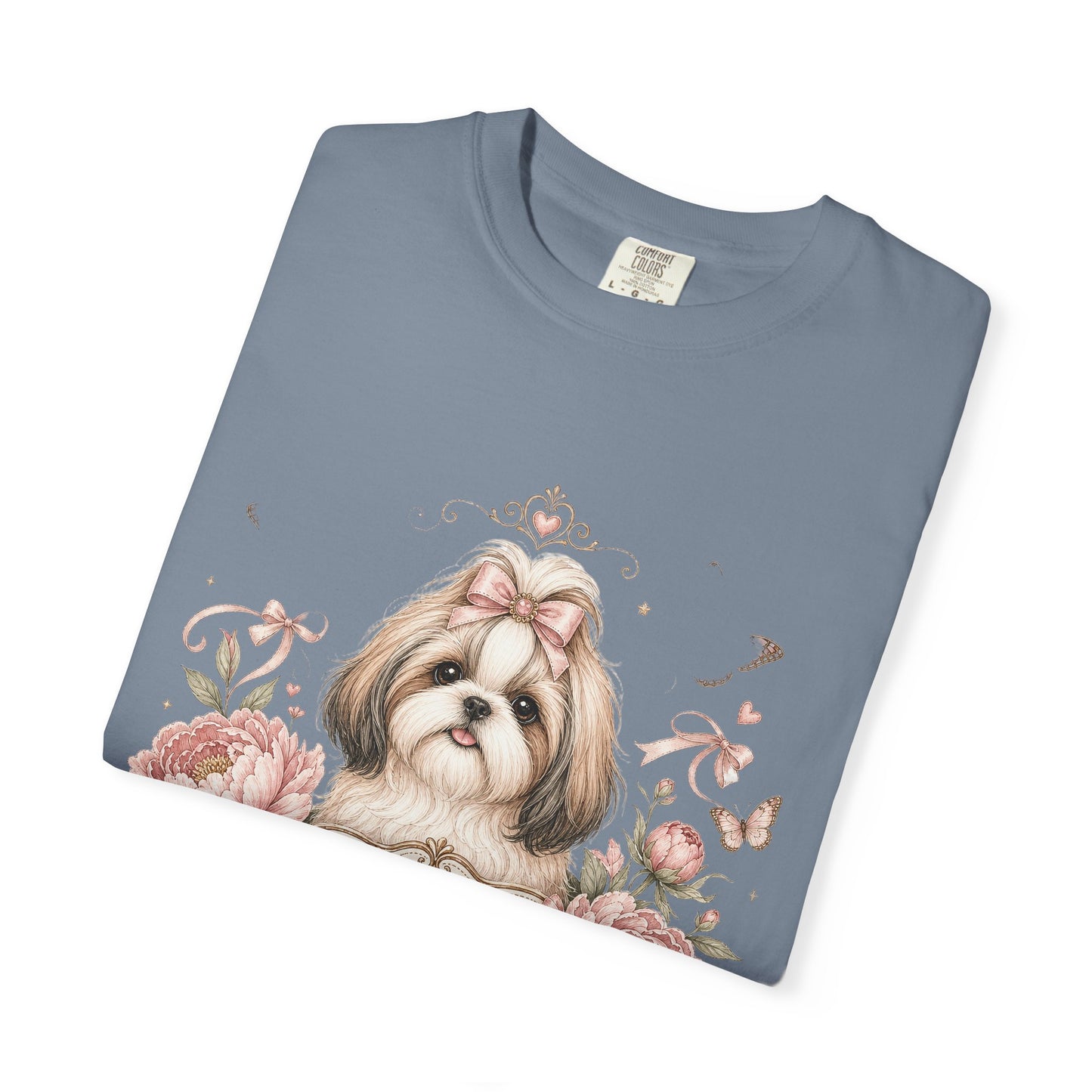 Shih Tzu Floral Portrait T-Shirt | Tiny Floof Illustration, Pink Roses