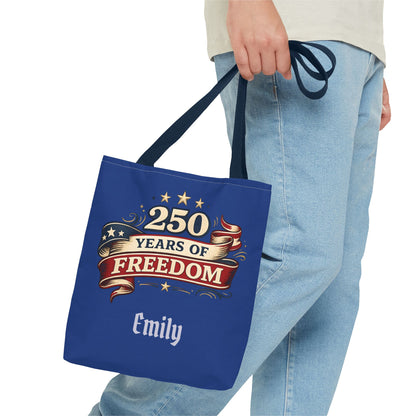250 Years of Freedom Tote Bag | Patriotic Flag Ribbon Design