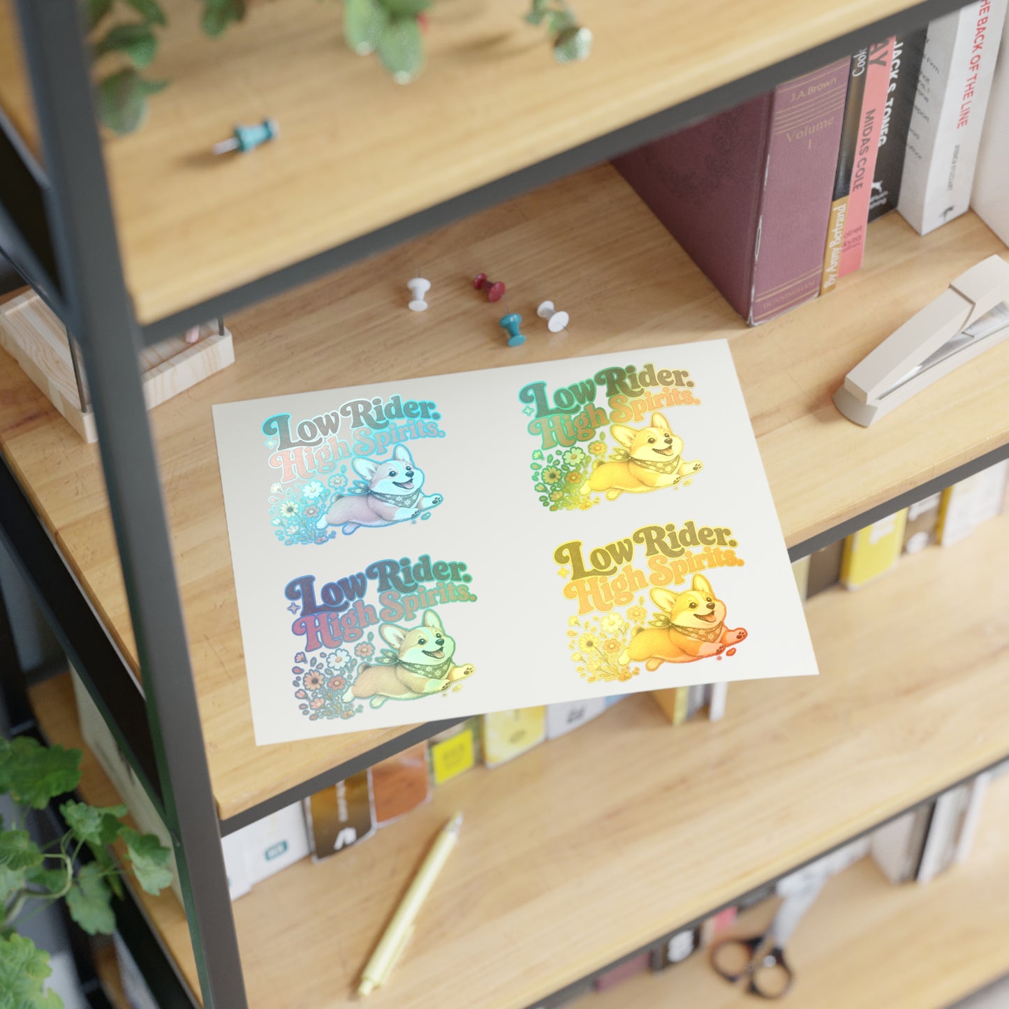 Low Rider High Spirits Corgi Sticker Sheet | Retro Floral Corgi Stickers