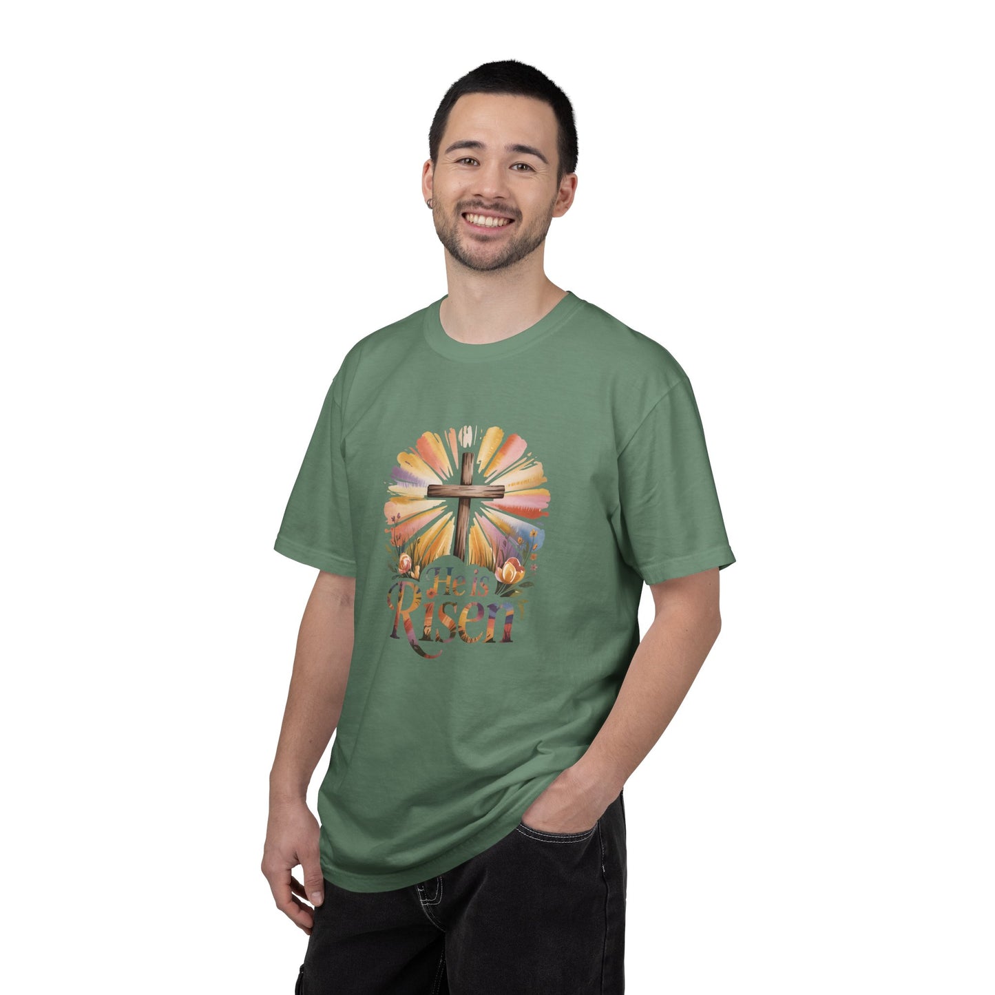 He Is Risen cross sunrise design T-Shirt | Easter faith floral
