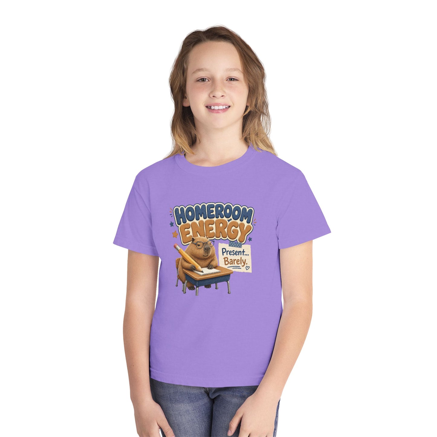 Homeroom Energy Sloth on Desk Youth Tee | Funny School Illustration