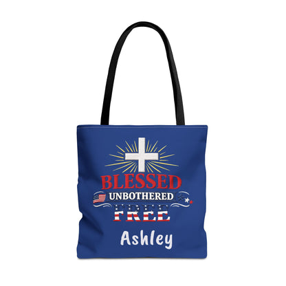Blessed Unbothered Free Cross tote bag | patriotic faith design
