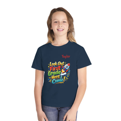 First Grade Here I Come Youth Tee | Rocket Back to School Shirt
