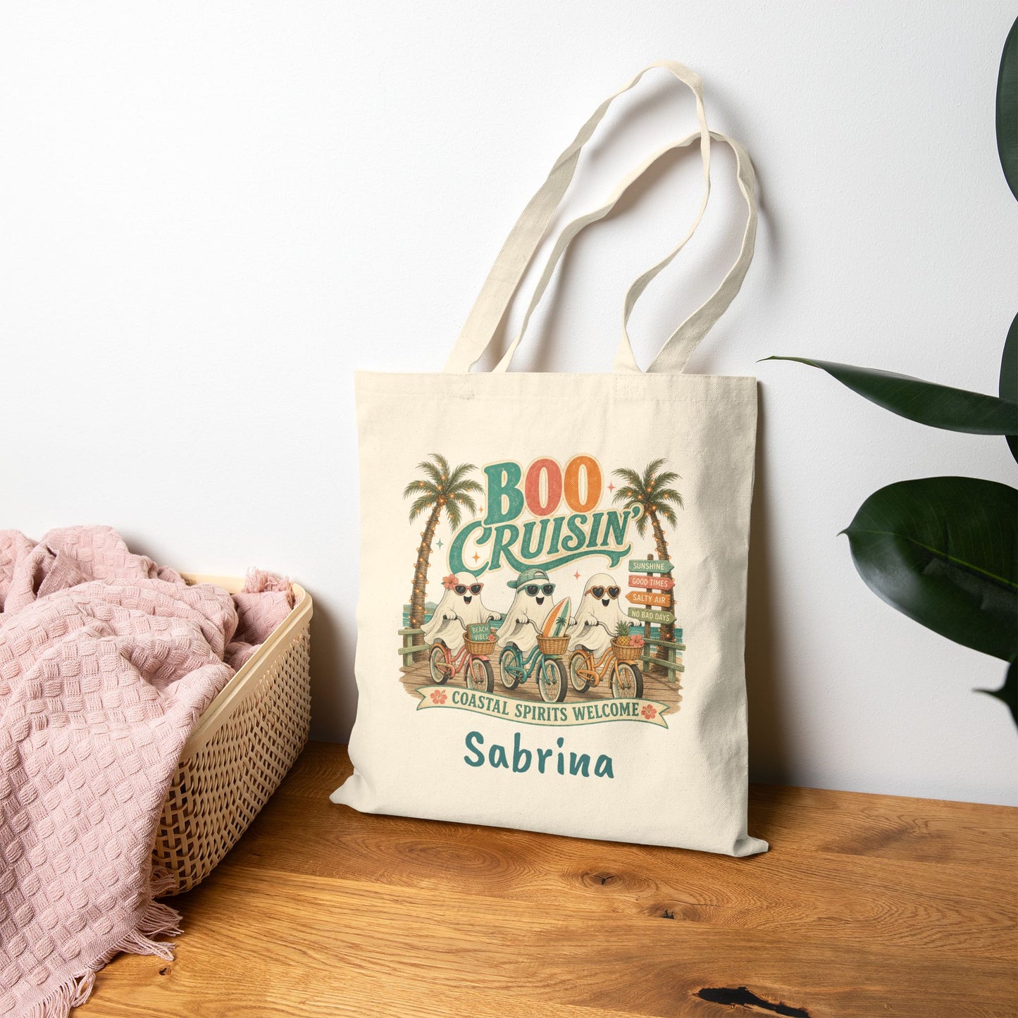 Boo Cruisin' ghost beach scene Tote | Halloween coastal spooky palm trees