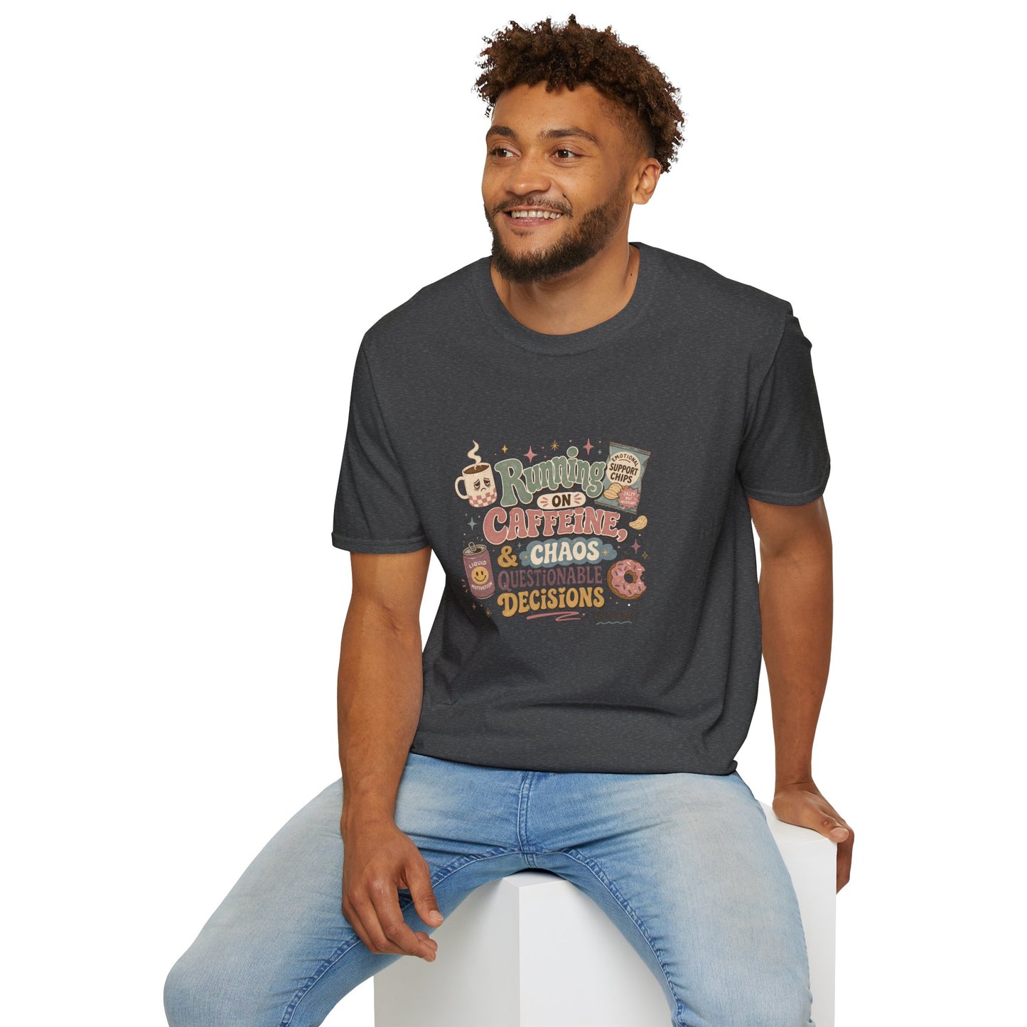 Running on Caffeine & Chaos T-Shirt | Coffee Mug Donut Illustration