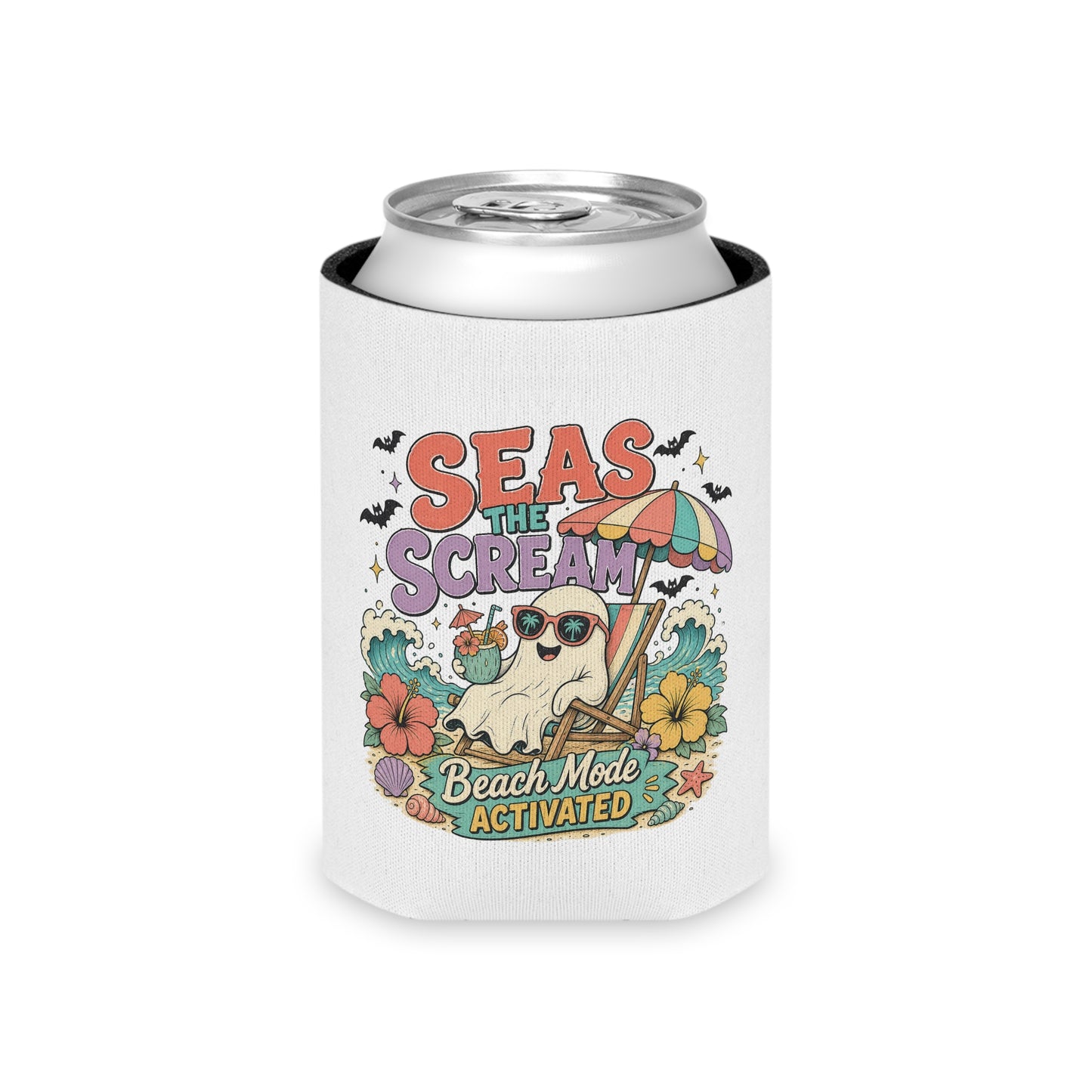 Seas the Scream ghost beach scene Can Cooler | Beach Mode Activated, Tropical Flowers
