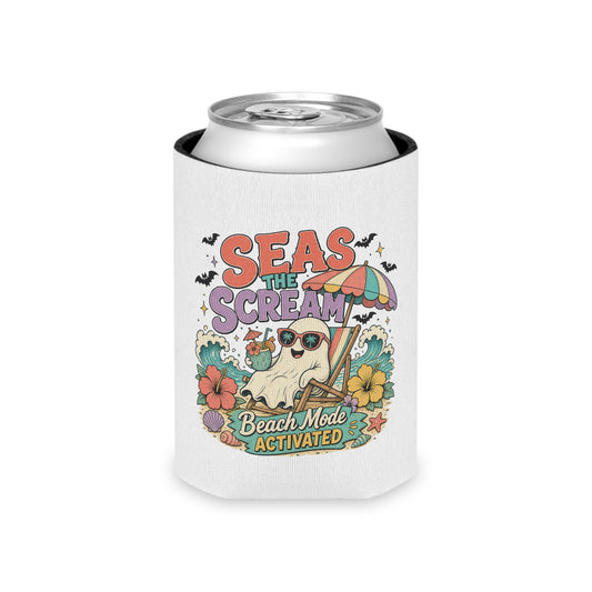 Seas the Scream ghost beach scene Can Cooler | Beach Mode Activated, Tropical Flowers