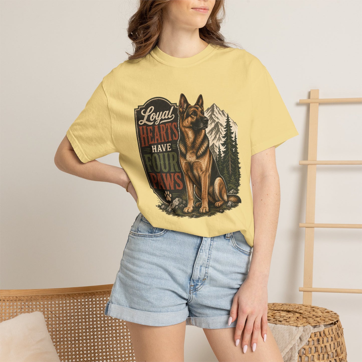 Loyal Hearts Have Four Paws German Shepherd T-shirt | Mountain Forest Dog Design
