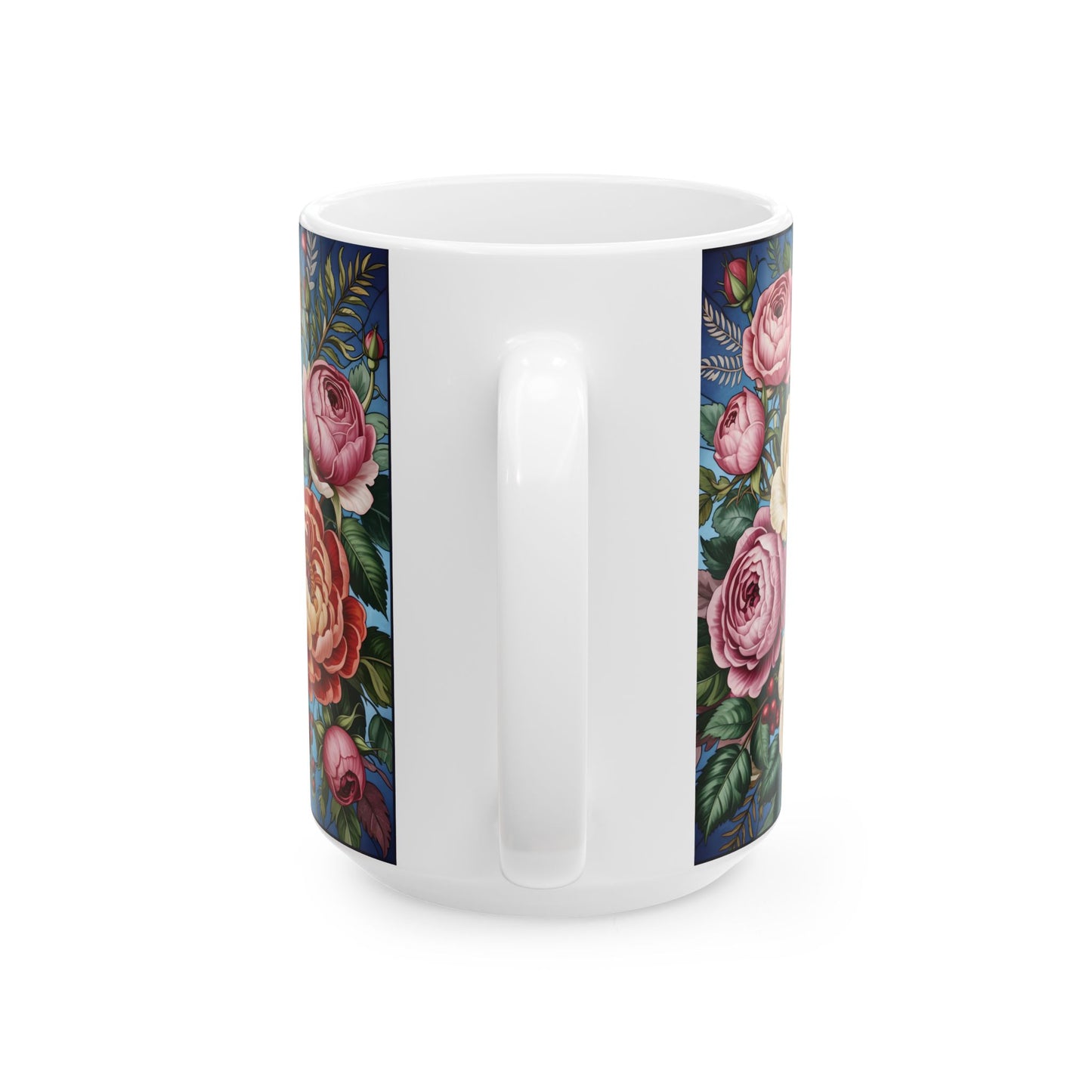 Vintage Rose Floral Pattern Mug | Ceramic Coffee Cup, Botanical Peonies