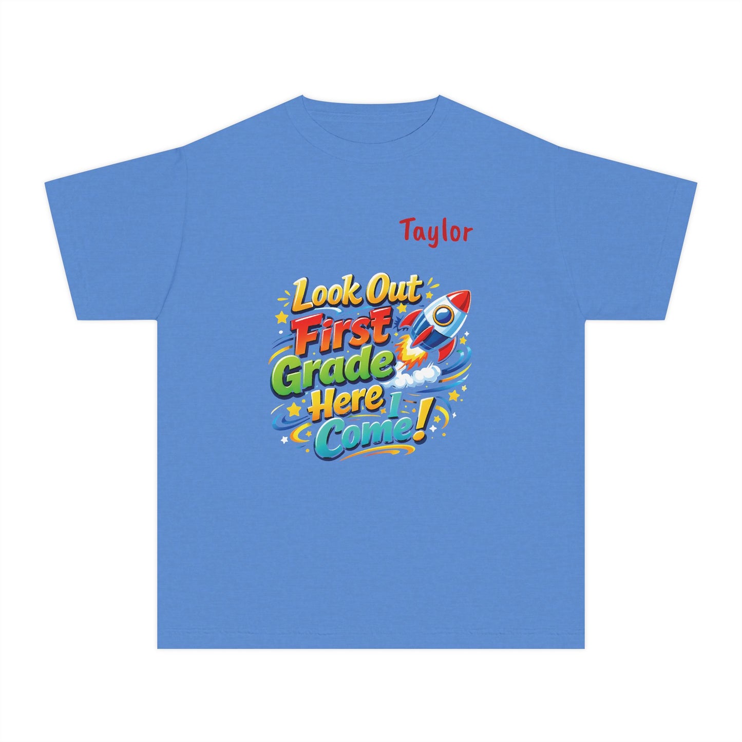 First Grade Here I Come Youth Tee | Rocket Back to School Shirt