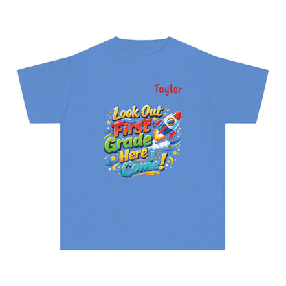 First Grade Here I Come Youth Tee | Rocket Back to School Shirt