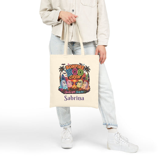 Bonfire Boo Crew Tote Bag | Halloween ghosts, campfire spooky beach design