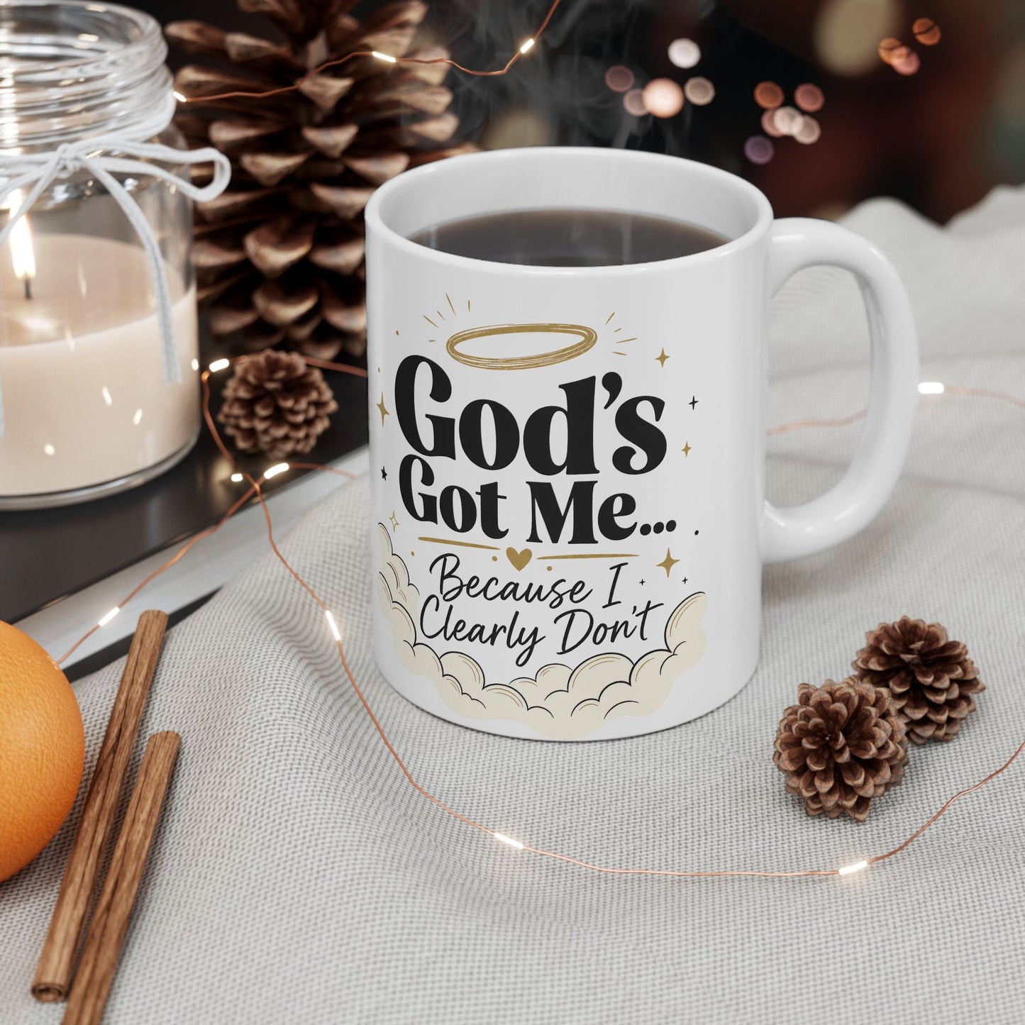 God's Got Me Mug | Religious Christian Coffee Cup with Halo & Clouds
