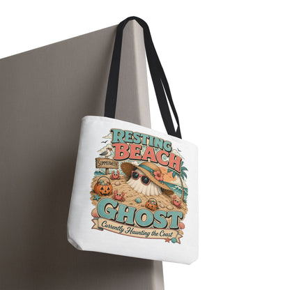 Resting Beach Ghost Tote Bag | Halloween Beach Ghost Illustration