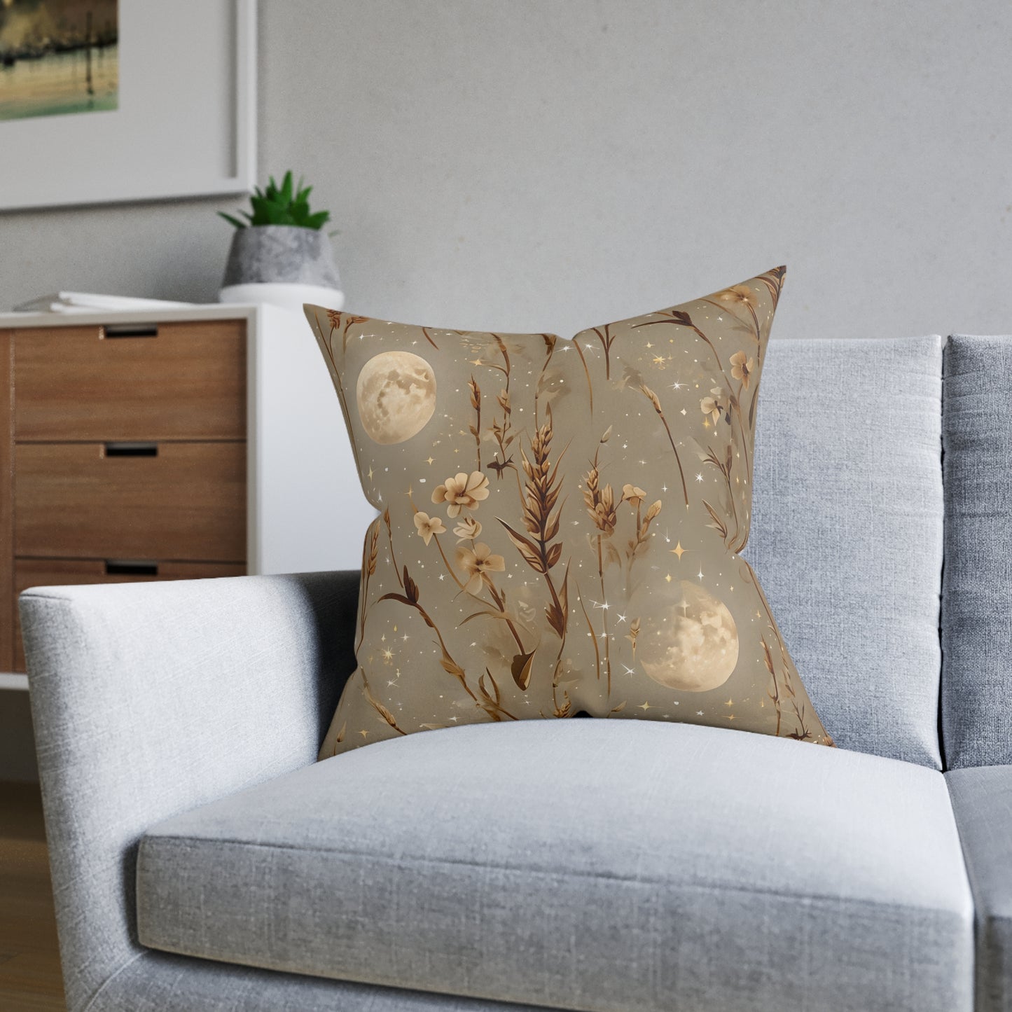 Celestial Floral Square Pillow - Cozy Decor, Moonlight Dreams, Boho Home Accents, Elegant Gift for Her, Bedroom Knickknack, Harvest Moon