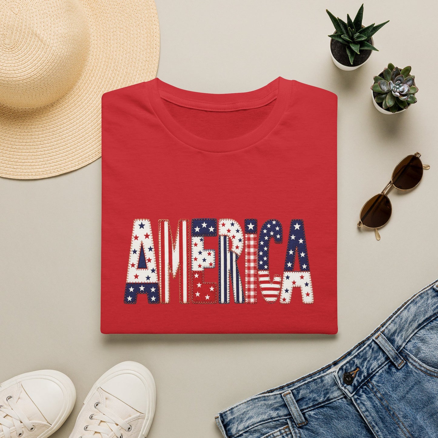 American Flag Patchwork Style Letters T-Shirt | Patriotic Fourth of July Tee