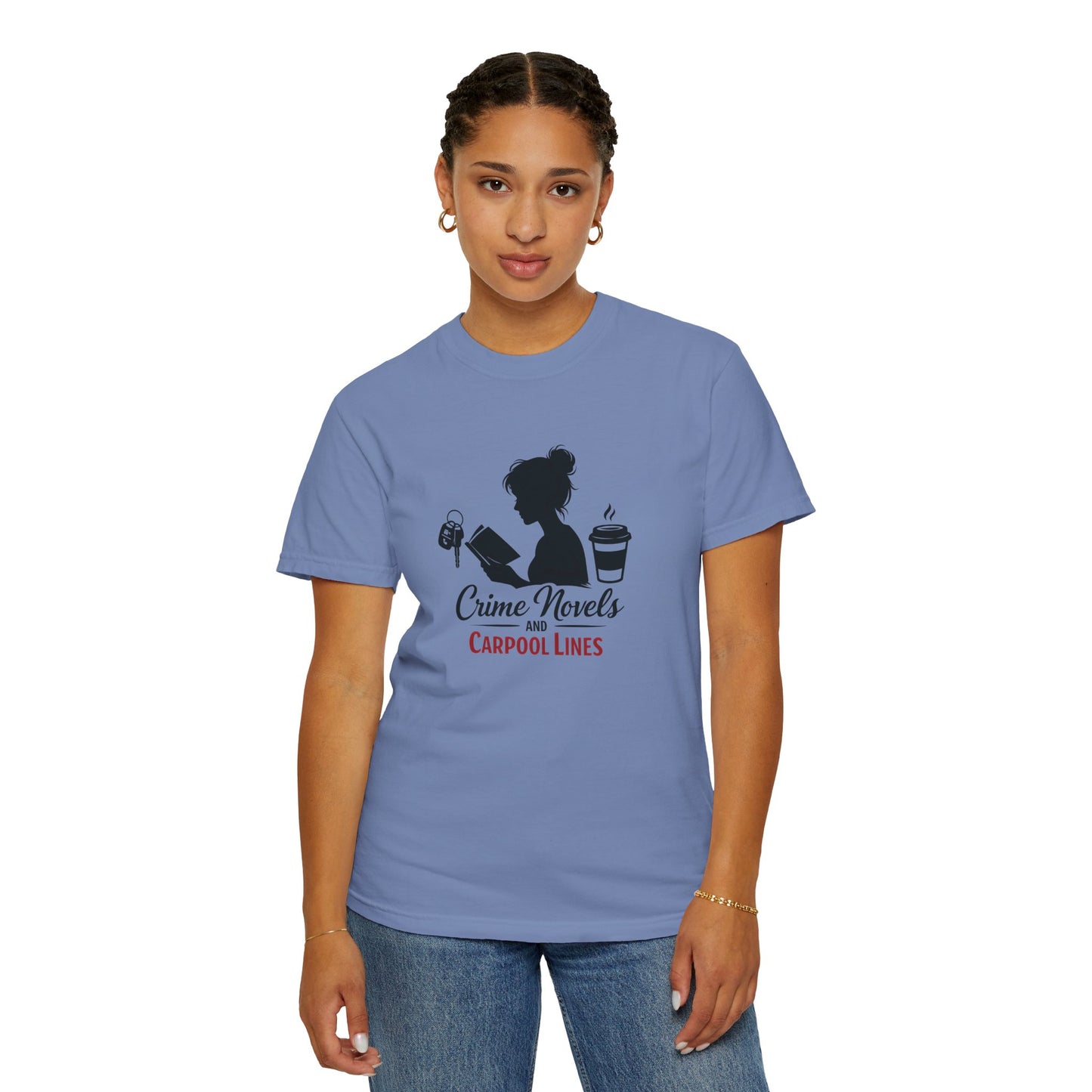 Crime Novels and Carpool Lines T-shirt | Reading Mom Silhouette, Coffee Graphic