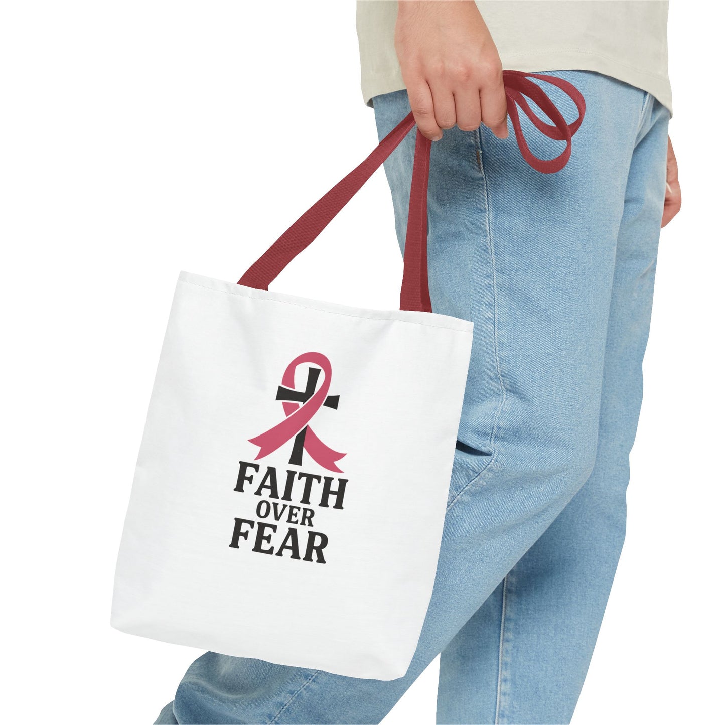 Faith Over Fear Tote Bag, Inspirational Gift for Cancer Awareness, Motivational Tote, Breast Cancer Support, Daily Use Bag